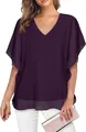 Close-up view of elegant dark purple chiffon blouse featuring V-neck and ruffle flutter sleeves - S / Tops / Deep purple