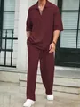 Herren 2-Teiler Freizeit-Set mit Kurzarmhemd und passender Hose in einfarbigem Burgunderrot. - S / Oberteil Und Unterteil / Burgunderrot