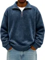 Detail of navy blue half-zip sweatshirt with vintage washed texture and metal zipper - Dark Blue