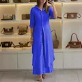 Elegant blue long-sleeved linen two-piece set with tunic shirt and wide-leg trousers - S / Top And Bottom / Blue