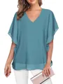 Detailed view of women's V-neck chiffon blouse with ruffle flutter sleeves in blue - S / Tops / Teal