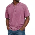 Vintage American style washed purple cotton Henley neck short sleeve t-shirt for men - S / Tops / Pink
