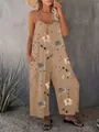 Stylish boho floral print wide-leg jumpsuit featuring spaghetti straps and pockets - S / Top And Bottom / Khaki