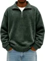 Macro view of men's dark green half-zip sweatshirt showing vintage washed fabric texture - S / Tops / Dark Green