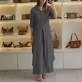 Elegant grey linen two-piece set featuring a long-sleeve shirt and matching wide-leg pants - Gray