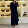 Women's elegant black linen two-piece set with long sleeve shirt and wide-leg pants - Black