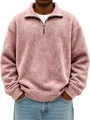 Detailed view of men's half-zip distressed sweatshirt in dusty pink with polo collar. - Pink