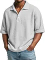Close-up of men's gray waffle knit polo shirt showing textured fabric detail - White