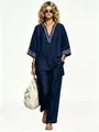 Full length view of a stylish navy bohemian linen V-neck top and wide-leg trousers - S / Top And Bottom / Navy Blue