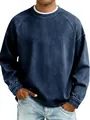 Close-up detail of a vintage washed navy blue loose-fit crewneck sweatshirt for men - Dark Blue