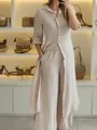 Elegant beige linen two-piece set featuring long-sleeve shirt and wide-leg trousers - Khaki