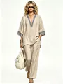 Elegant bohemian linen two-piece set featuring V-neck embroidered tunic and wide-leg trousers - Apricot
