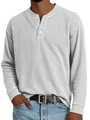 Close-up of white ribbed men's Henley long sleeve shirt showing fabric texture - White