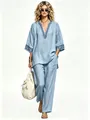 Bohemian blue linen two-piece set with V-neck top and wide-leg trousers for women. - Light Blue
