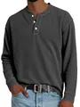 Close-up detail of men's dark grey ribbed Henley shirt with three-button placket - Black