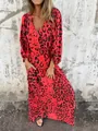 Robe maxi léopard rouge à col en V, manches longues et poches latérales - Rouge