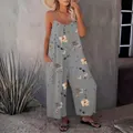 Sleeveless gray floral print wide leg jumpsuit with pockets for casual summer wear - S / Jumpsuits / Gray