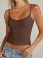 Close-up of brown low round neck adjustable strap camisole on model - XS / Tops / Coffee