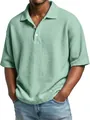 Detail view of men's sage green waffle knit polo shirt with stylish lapel collar - Light Green