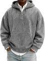 Detailed shot of a men's distressed grey suede half-zip hoodie featuring a front pouch - S / Tops / Gray