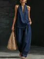 Ensemble en jean rétro pour femme avec haut sans manches à col en V et pantalon large - S / Haut et bas / Bleu marine