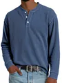 Detail shot of men's blue ribbed Henley long sleeve shirt showing fabric texture - Dark Blue