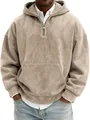 Close-up detail of khaki faux suede half-zip hoodie featuring front kangaroo pocket - S / Tops / Khaki