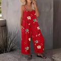 Elegant women's floral print sleeveless wide-leg jumpsuit with pockets in vibrant red - S / Red