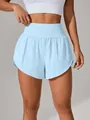 Pantaloncini sportivi azzurri a vita alta donna con design finto due pezzi asciugatura rapida - Celeste