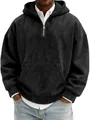 Detail of a men's black suede half-zip hoodie with front pocket and zipper detail. - S / Tops / Black