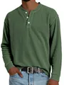 Detail view of men's olive green ribbed long sleeve Henley shirt with button placket - S / Tops / Dark Green