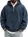 Detailed view of a men's blue distressed suede half-zip hoodie with front pocket - S / Tops / Navy Blue