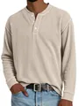 Men's casual ribbed Henley long sleeve T-shirt with button neck in beige colorway. - S / Tops / Apricot