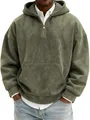 Detail view of men's vintage olive faux suede half-zip hooded sweatshirt texture - Army Green