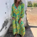 Robe maxi à col en V, imprimé abstrait, manches longues et poches, style de vacances - Jaune-vert