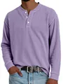 Close-up detail of a purple ribbed texture Henley long sleeve t-shirt with three white buttons - S / Tops / Purple