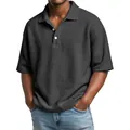 Zomers wafelgebreid poloshirt voor heren in donkergrijze kleur met korte mouwen - S / Tops / Zwart