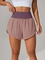 Detailed front view of high-waist double-layer quick-dry yoga shorts in mauve color - S / Bottoms / Peach