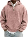 Close-up of vintage pink faux suede hoodie with half-zip and front kangaroo pocket - Pink