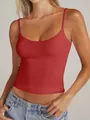 Detailed view of women red scoop neck camisole with adjustable thin straps and slim fit. - Red