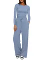Casual blue two-piece lounge set with ruched long sleeve top and wide leg pants - Blue