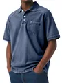 Detail shot of men's washed blue polo shirt with chest pocket and button lapel - Dark Blue