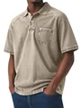 Detail of men's distressed khaki polo shirt with chest pocket and button-up collar - S / Tops / Apricot