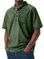 Detailed close-up of men's washed dark green polo shirt featuring a front pocket and buttons - Dark Green