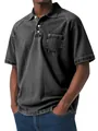 Detail view of men's distressed charcoal polo shirt with chest pocket and button lapel - S / Tops / Black