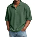 Men's classic green waffle knit polo shirt with buttoned collar and short sleeves - Dark Green