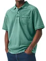 Close-up of men's distressed green polo shirt with front pocket and buttoned lapel detail - Light Green