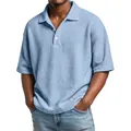 Casual men's light blue waffle knit polo shirt featuring a classic buttoned collar - Light Blue