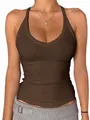 Close-up of brown ribbed V-neck sports tank top with slim fit texture and soft fabric. - XS / Tops / Coffee