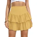 Detailed view of yellow smocked high waist ruffled mini skirt with tiered layers - Yellow